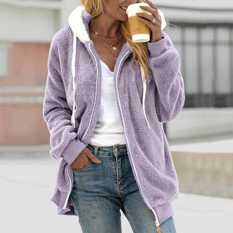 Women's Loose Plush Zip Hooded Sweater Jacket
