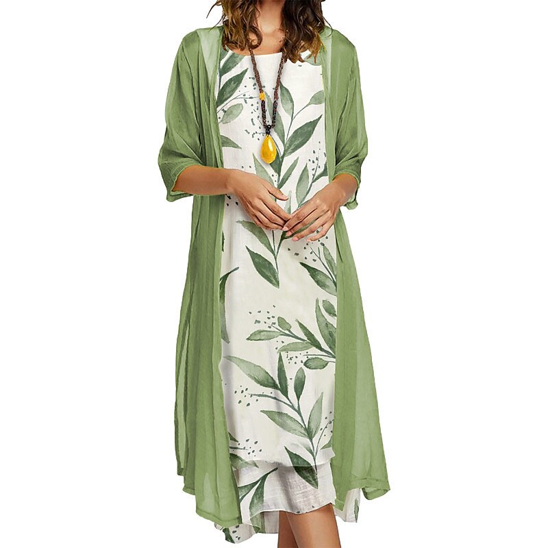 Women's Dress Set Two Piece Dress Shift Dress Midi Dress Green Pink 3/4 Length Sleeve Floral Print Winter Fall Autumn Crew Neck 2022 M L XL XXL 3XL 4XL