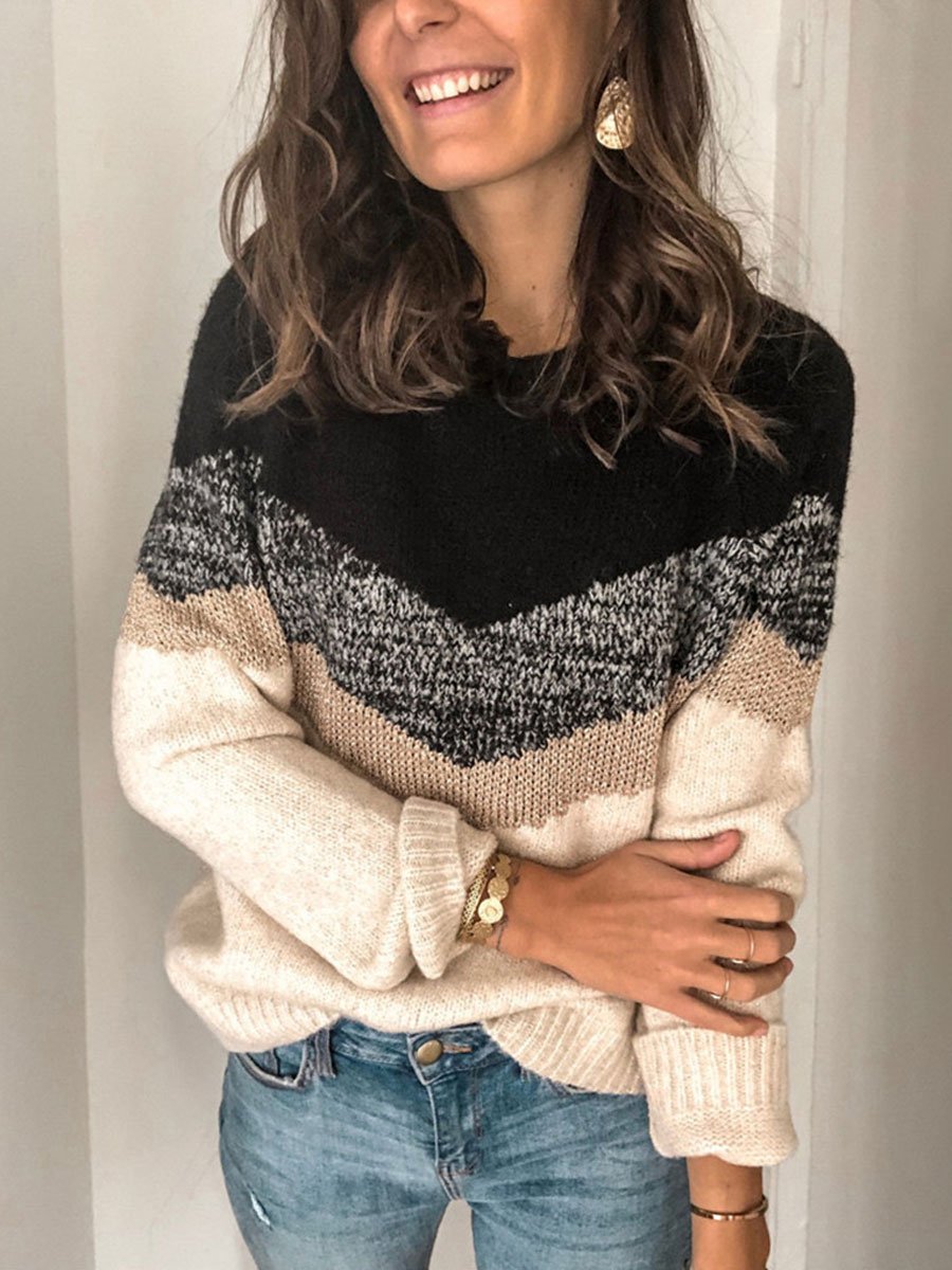 Round neck contrast stitching knitted sweater