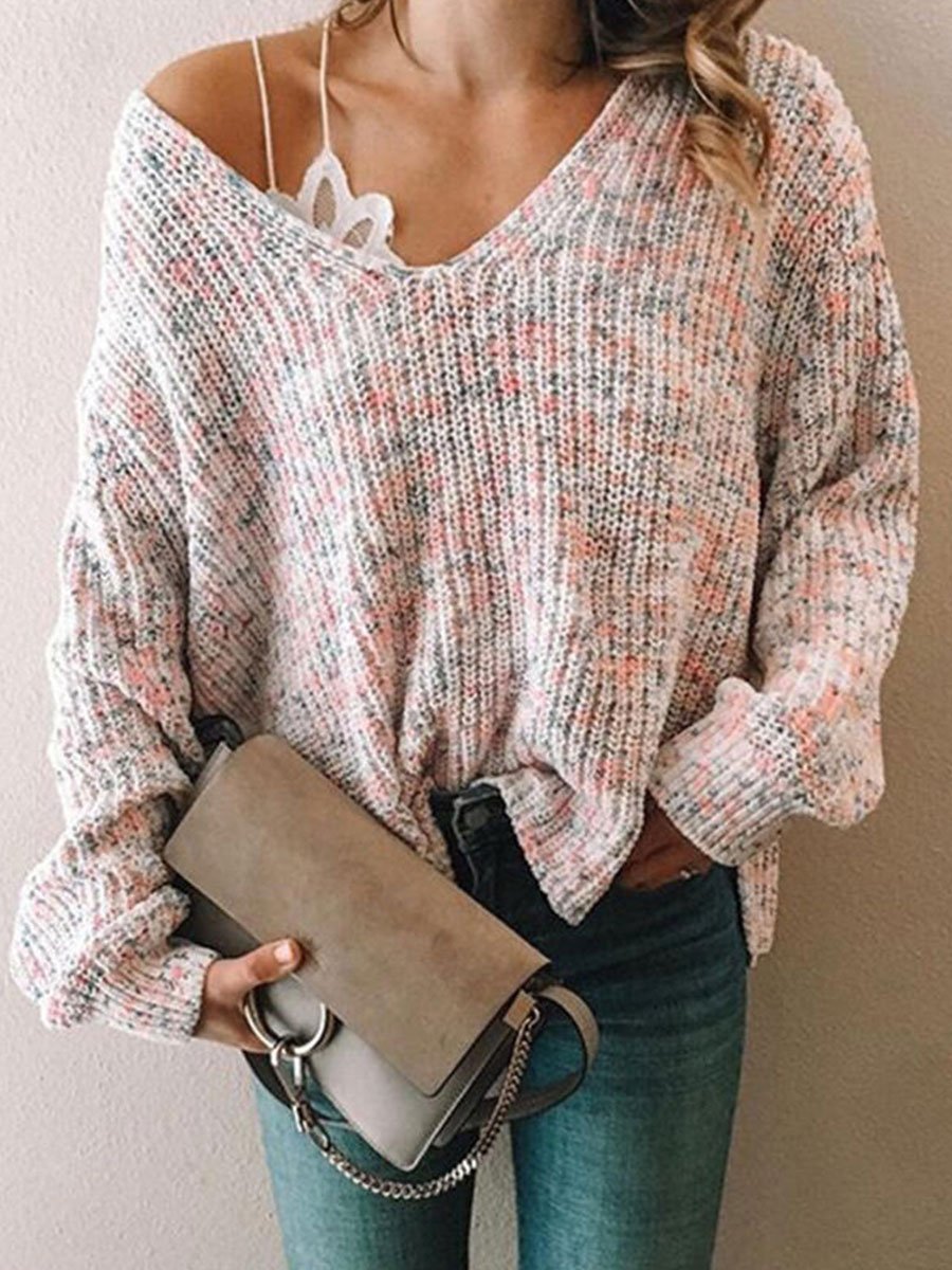 Multicolor casual V-neck knitted sweater