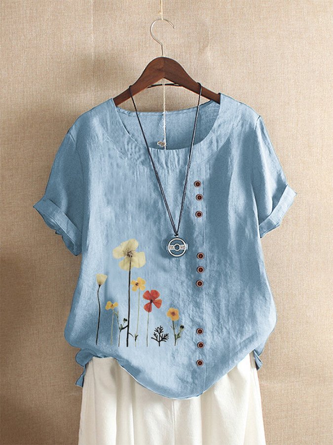 Women's Fashion Flower Print Casual Round Neck Long Sleeve T-Shirt