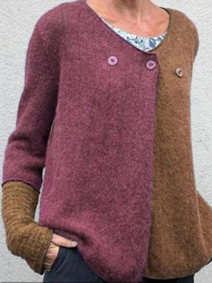 Casual stitching button V-neck sweater