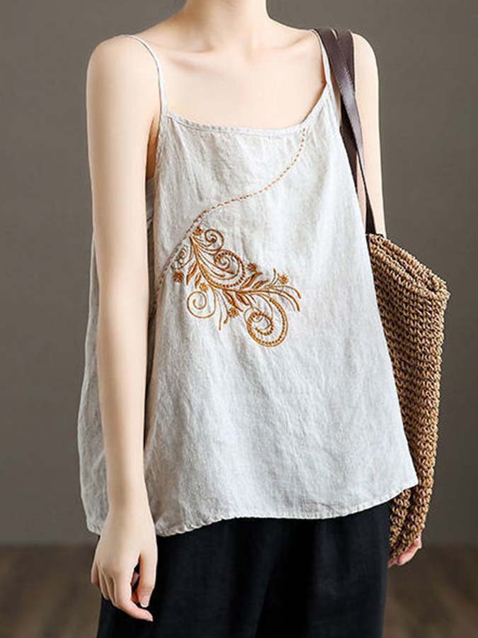 Women's Linen Embroidered Loose Sling Top