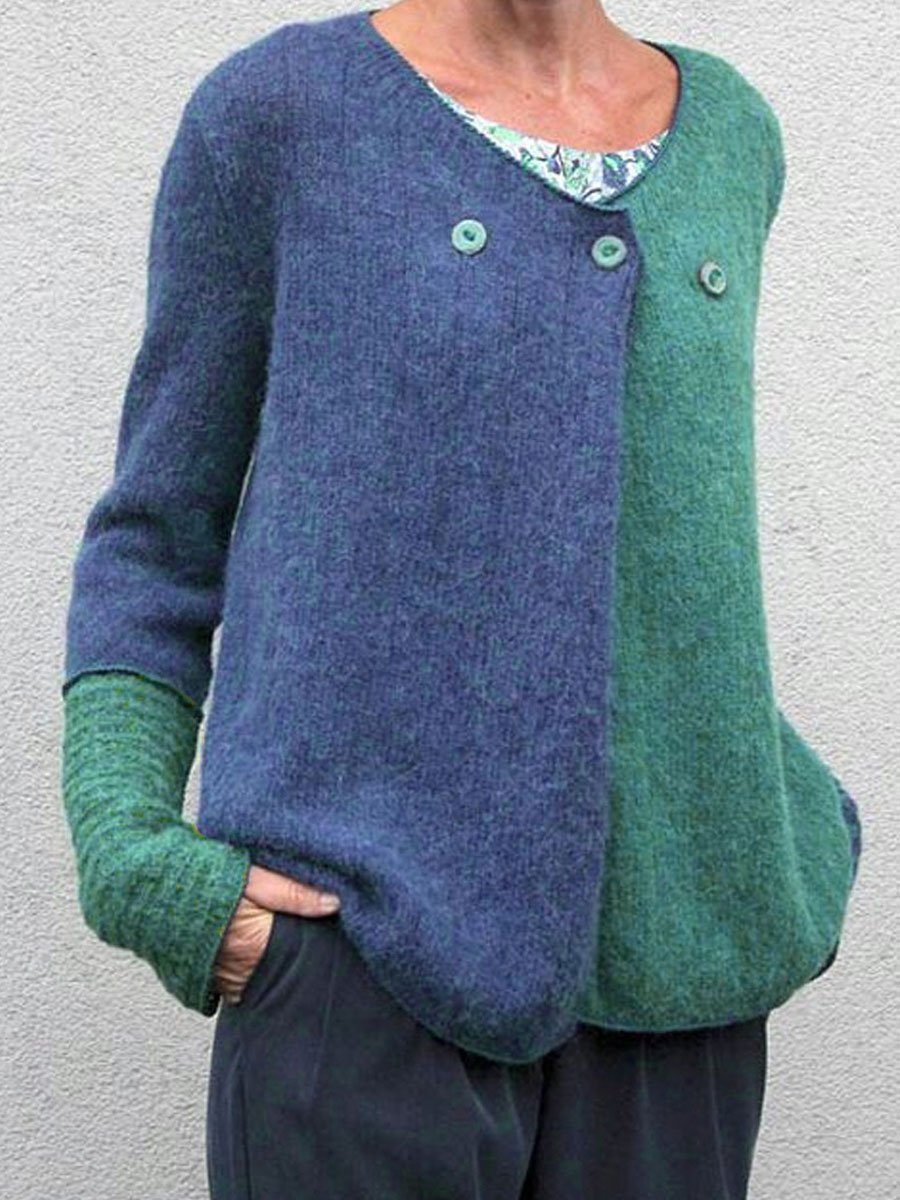 Casual stitching button V-neck sweater