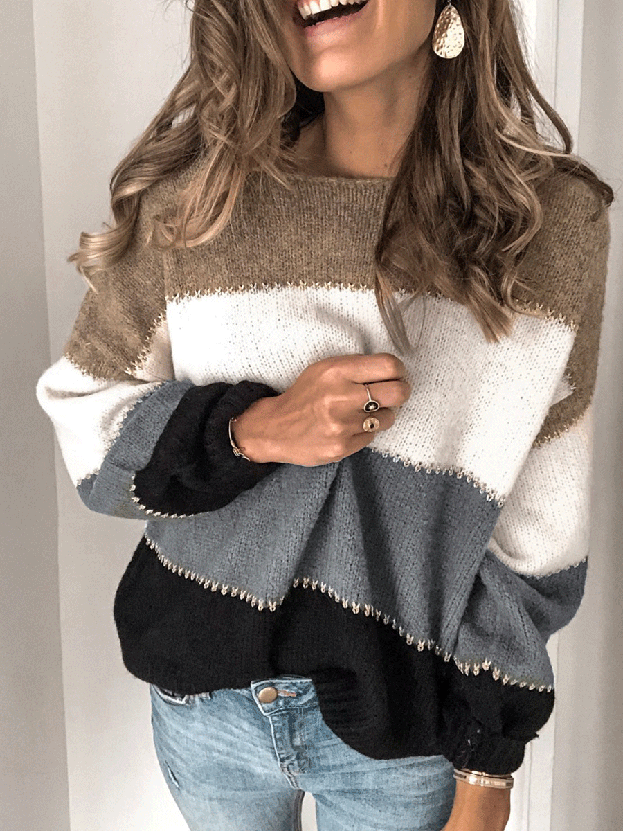 Contrast Stitching Crew Neck Knitted Sweater