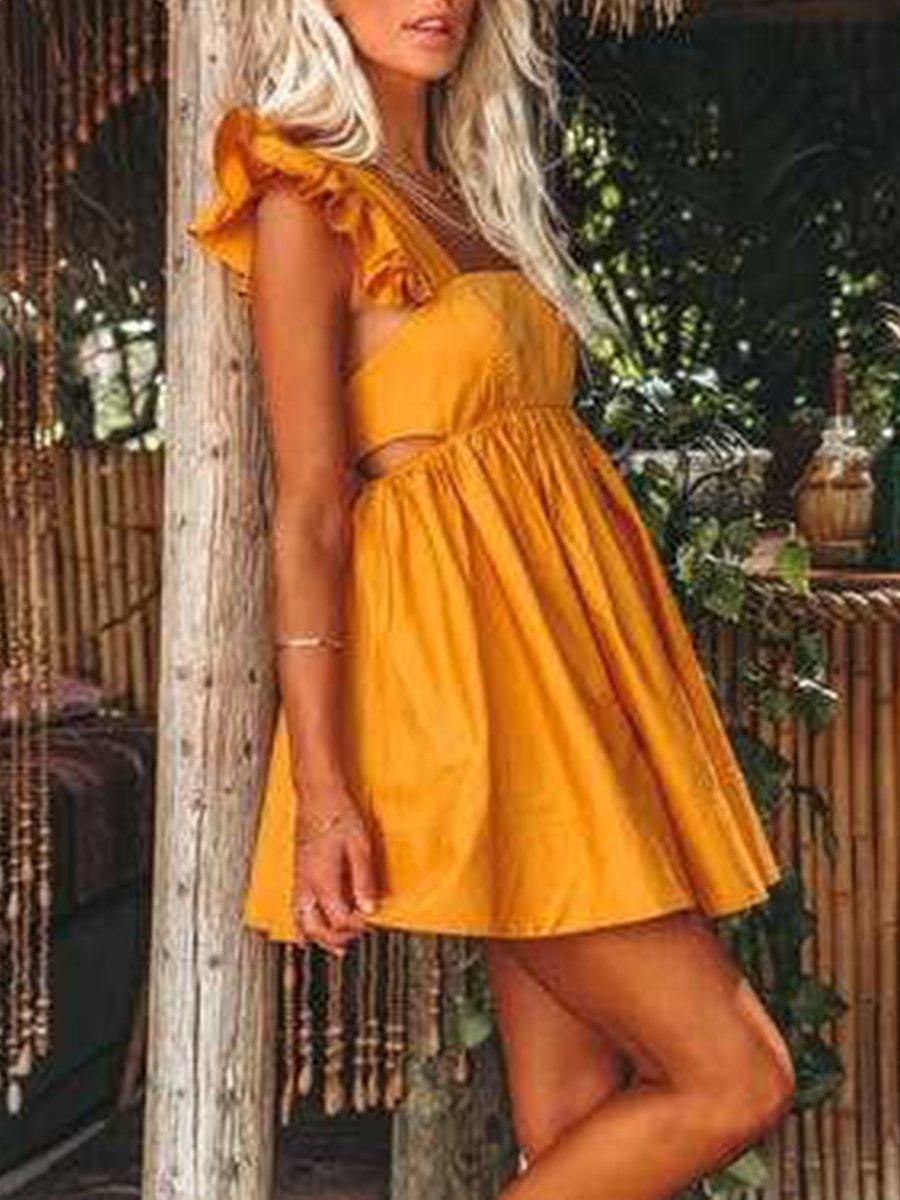 Women's Cute Doll Collar Waistless Back Bow Knot Cotton Linen Skirt