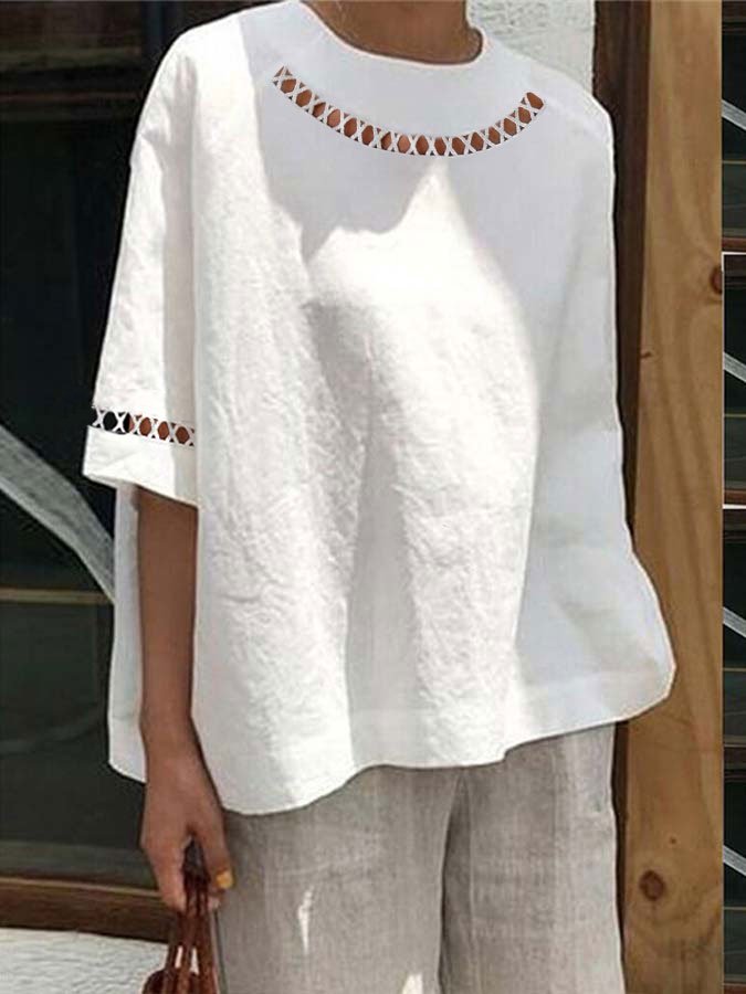 Women's Cotton Linen Lace Casual Top