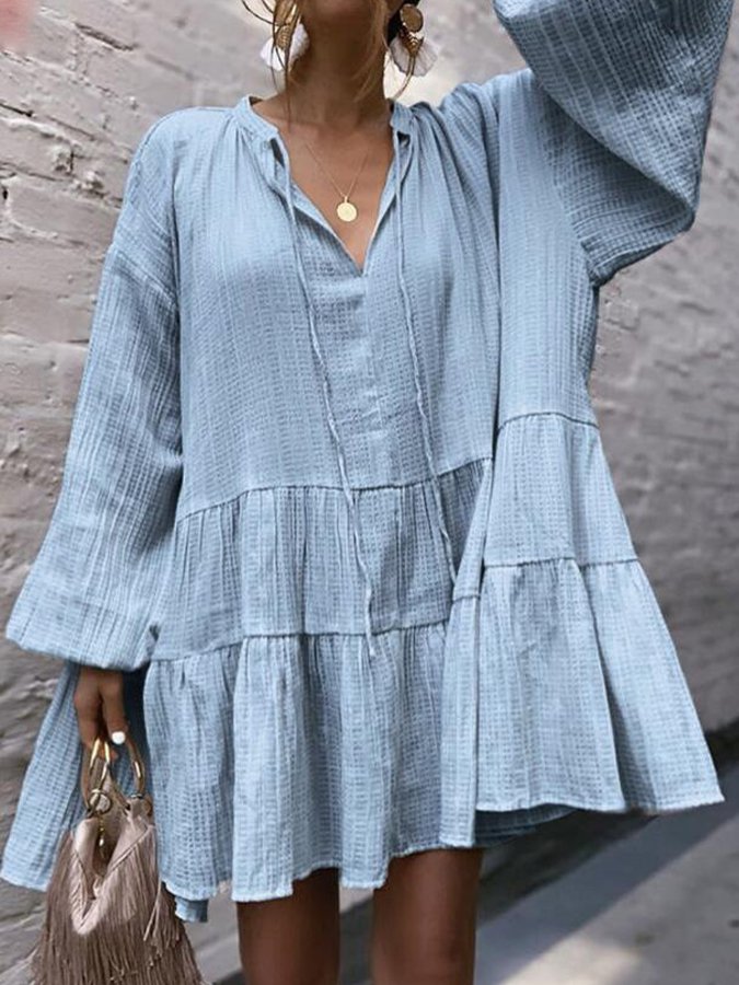 Women's Loose Casual V-neck Lantern Sleeve Ruffle Dress