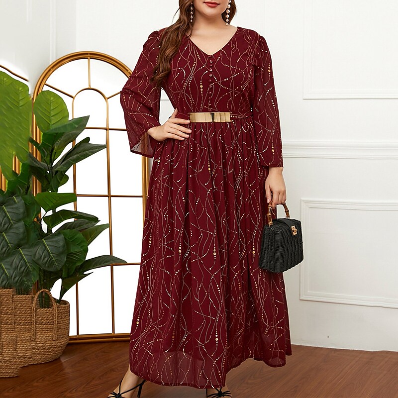 Women's Plus Size Holiday Dress Graphic V Neck Print Long Sleeve Fall Spring Work Vintage Maxi long Dress Daily Vacation Dress