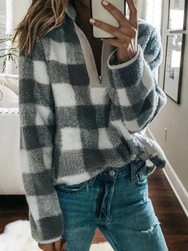 Band Collar Zipper Gingham Plaid Sweater/Sweatshirt