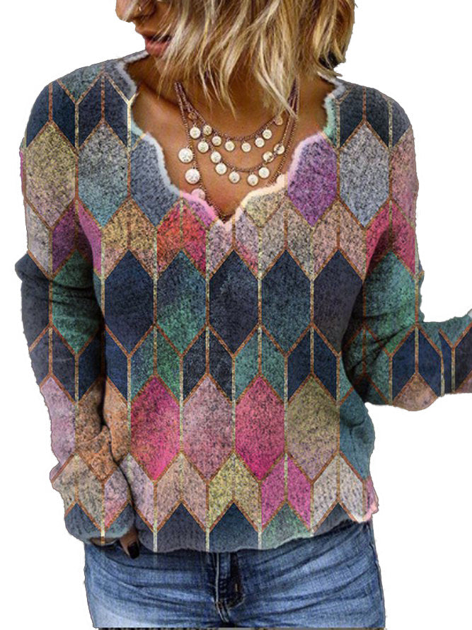 Women's Printed Sweater Long Sleeve V-Neck Top