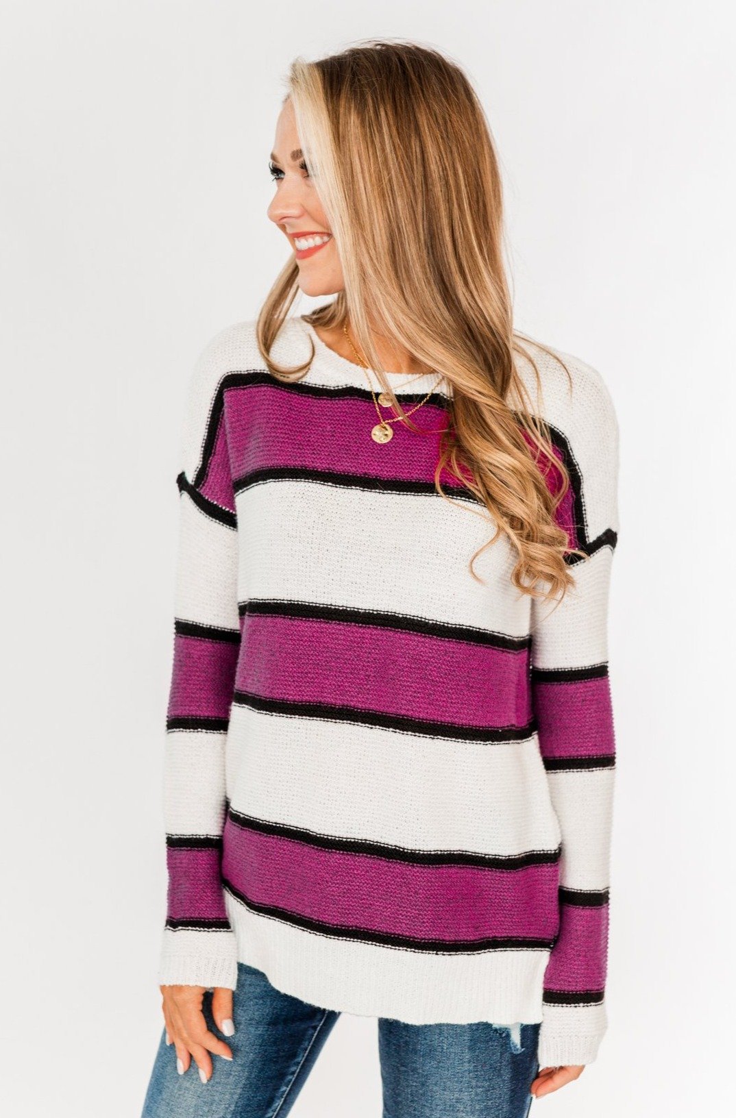Oh So Soft Striped Knit Sweater- Magenta