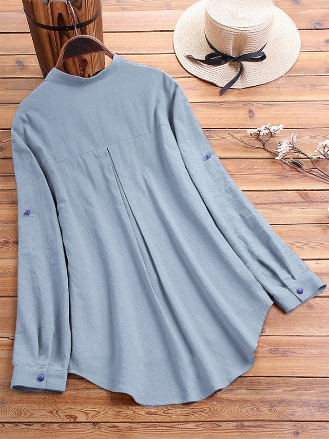 Women's Cotton Linen Stand Collar Print Shirt