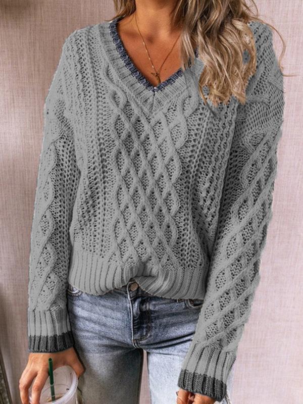 Women's Twisted V-Neck Knitted Long Sleeve Sweater