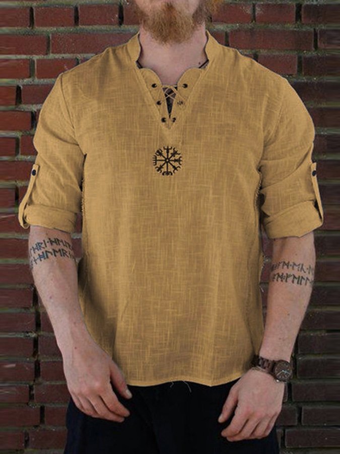 Men's Cotton Linen Embroidered Stand Collar Shirt