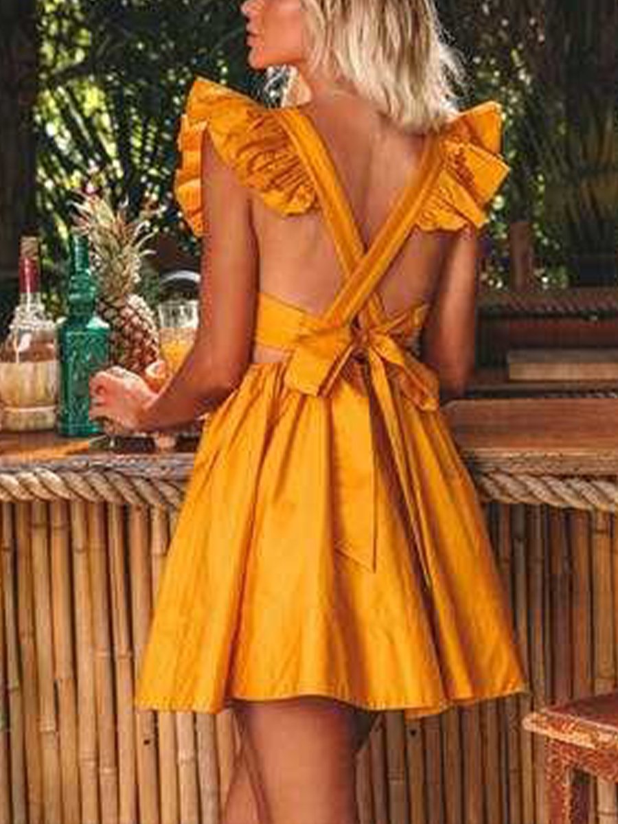 Women's Cute Doll Collar Waistless Back Bow Knot Cotton Linen Skirt