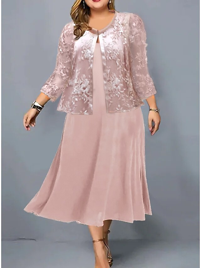 Women's Plus Size Dress Set Floral V Neck 3/4 Length Sleeve Winter Fall Stylish Casual Midi Dress Work Date Dress