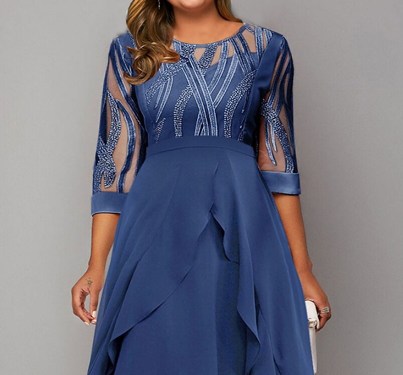 Women's Plus Size Party Dress Print Round Neck 3/4 Length Sleeve Formal Dress
