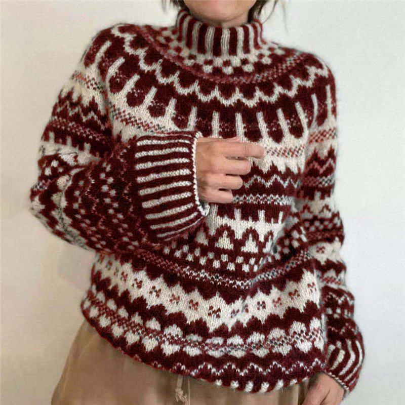 Vintage Geometric Jacquard Turtleneck Sweater