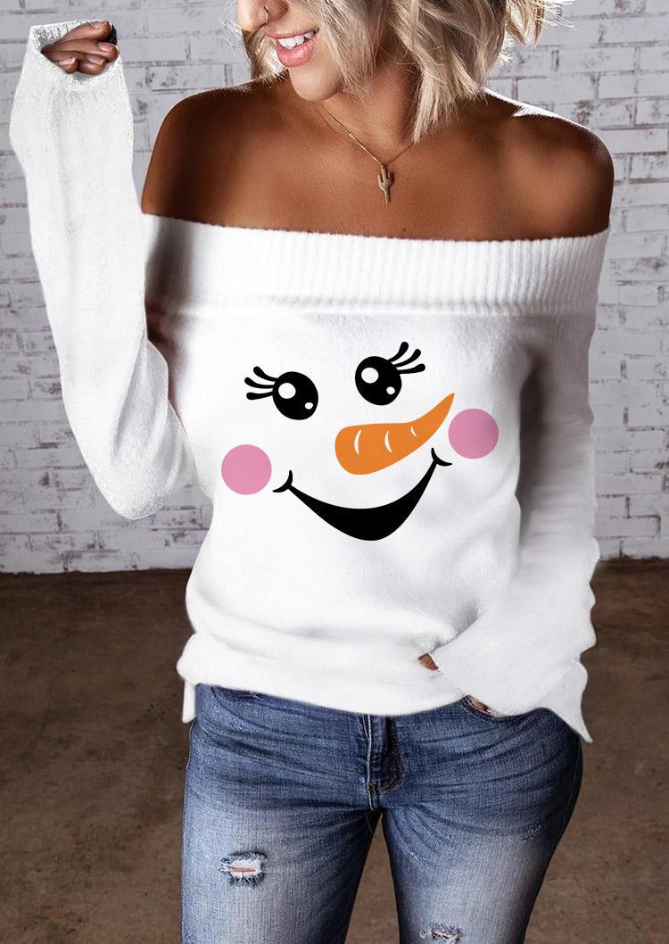 Christmas Snowman Face Off Shoulder Sweater - White