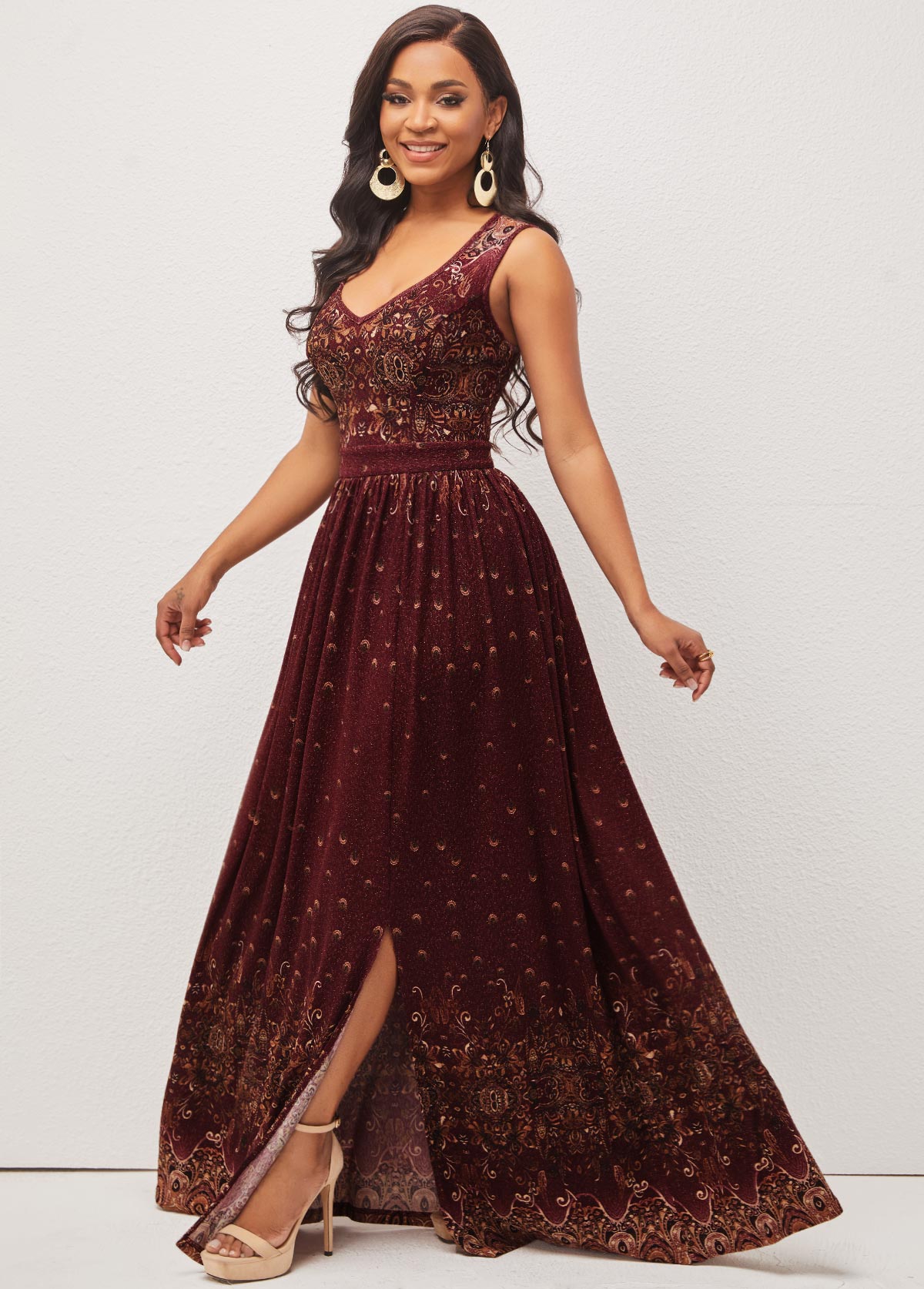 Wine Red Side Slit Sleeveless Dress