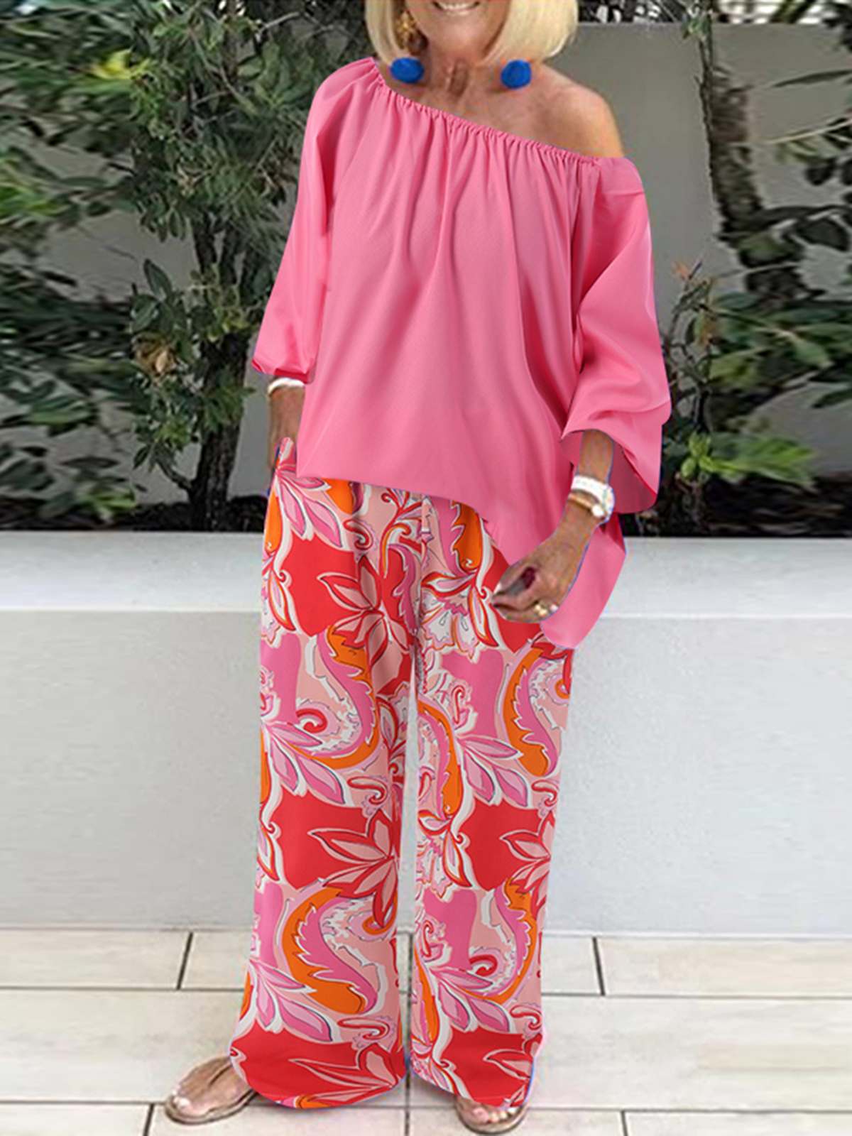 One-Shoulder Three-Quarter Sleeve Top and Wide-Leg Pants Suit