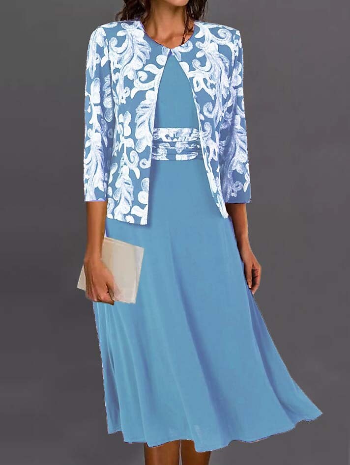 Women's Dress Set Two Piece Dress 3/4 Length Sleeve Print Crew Neck Casual dress