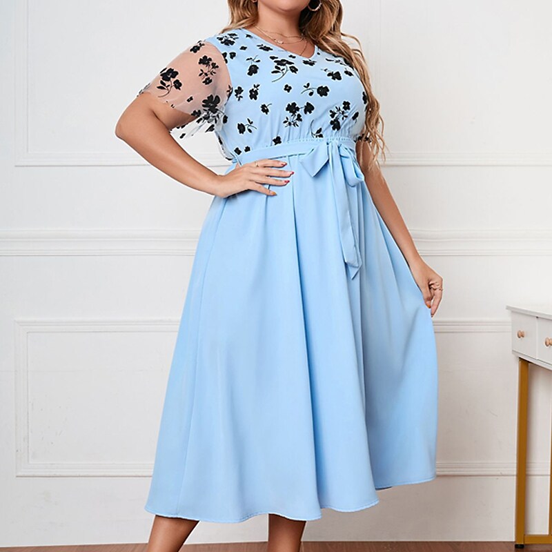 Women's Plus Size Casual Dress Floral V Neck Short Sleeve Fall Winter Casual Midi Dress Causal Daily Dress