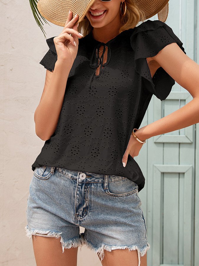 Women's Hollow Lace Up Round Neck Ruffle Sleeve T-shirt