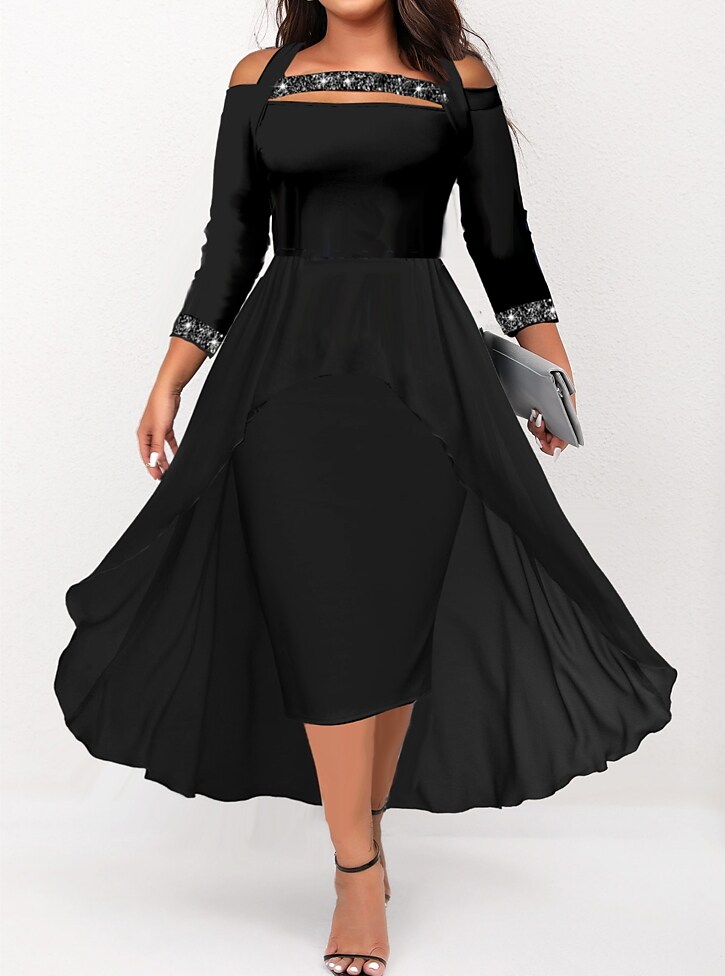 Women's Plus Size Party Dress Solid Color Halter Neck 3/4 Length Sleeve Fall Winter Stylish Formal Sequins Midi Dress Formal Party Dress