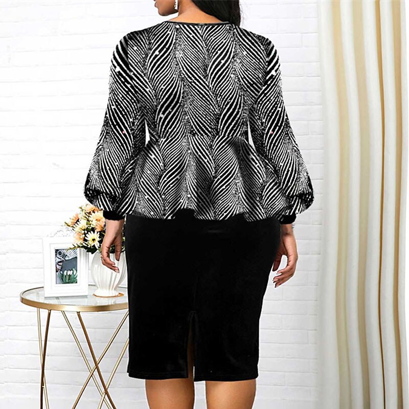 Women's Plus Size Work Dress Striped Crew Neck Long Sleeve Winter Fall Fashion Elegant Mature Midi Dress Office Work Dress