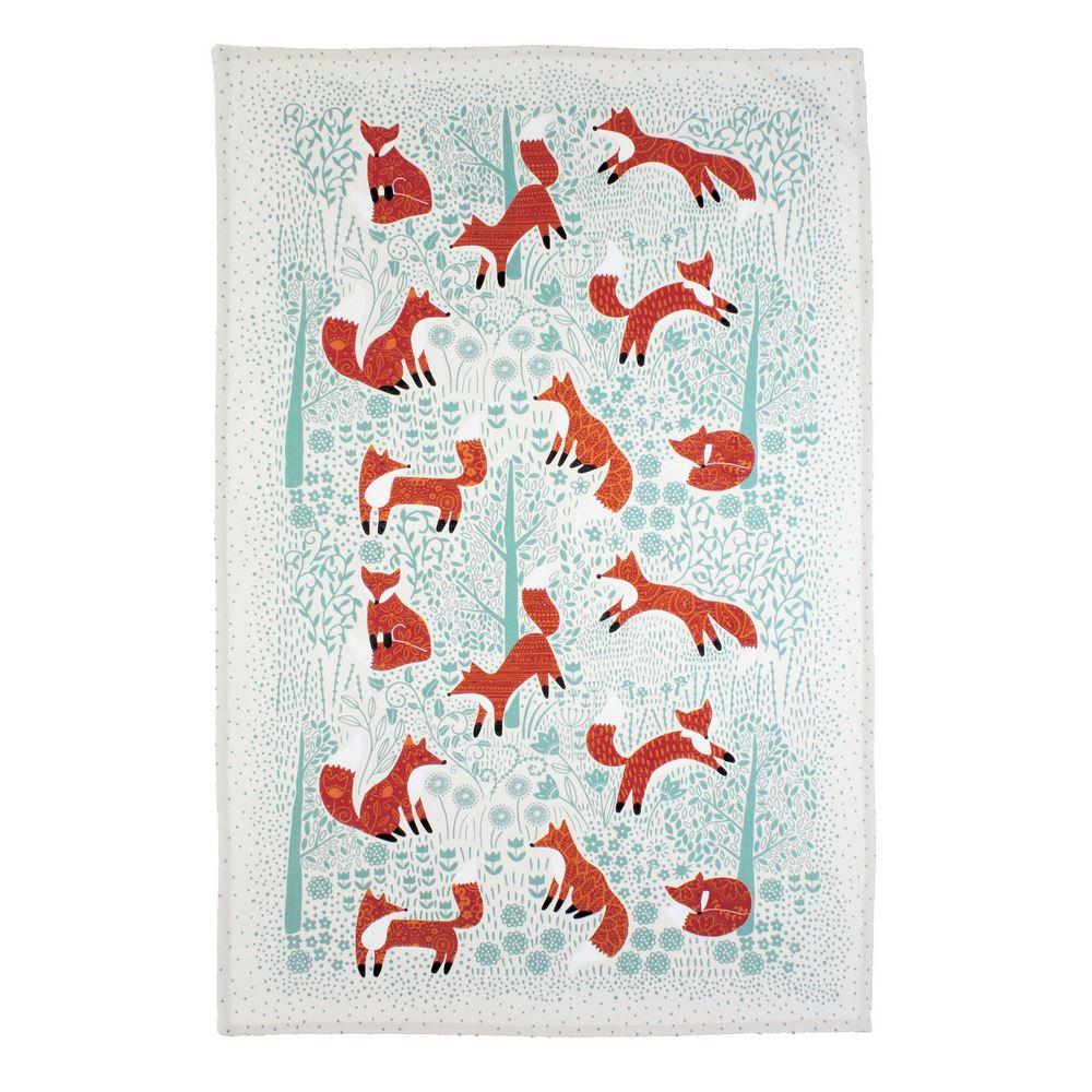 Foraging Fox Cotton Tea Towel in Blue