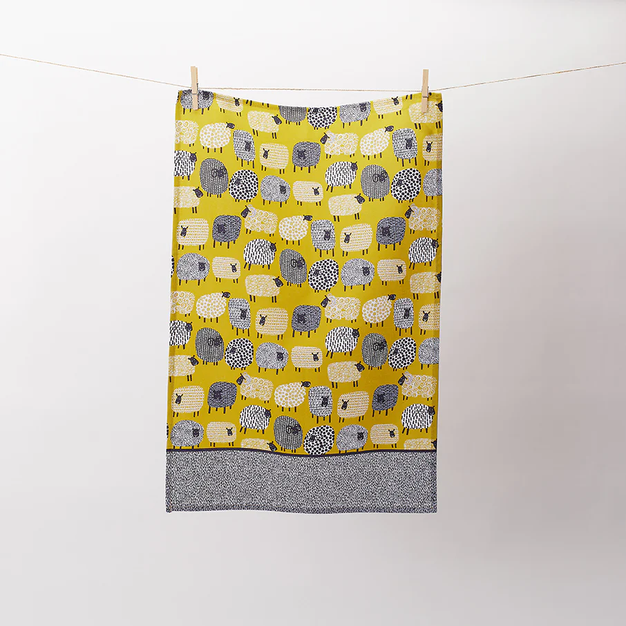 Dotty Sheep Cotton Tea Towel in Yellow