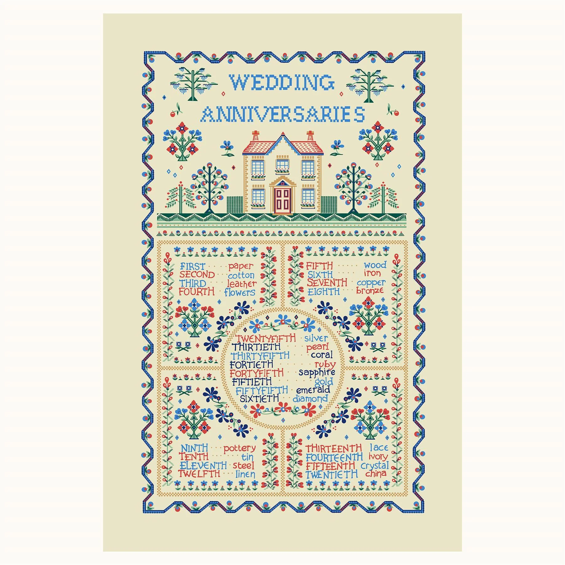 Wedding Sampler Cotton Tea Towel in Yellow