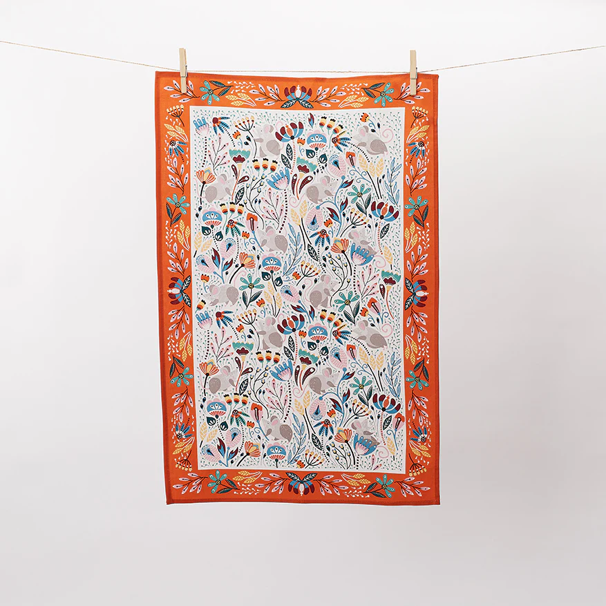 Field Mice Cotton Tea Towel in Blue