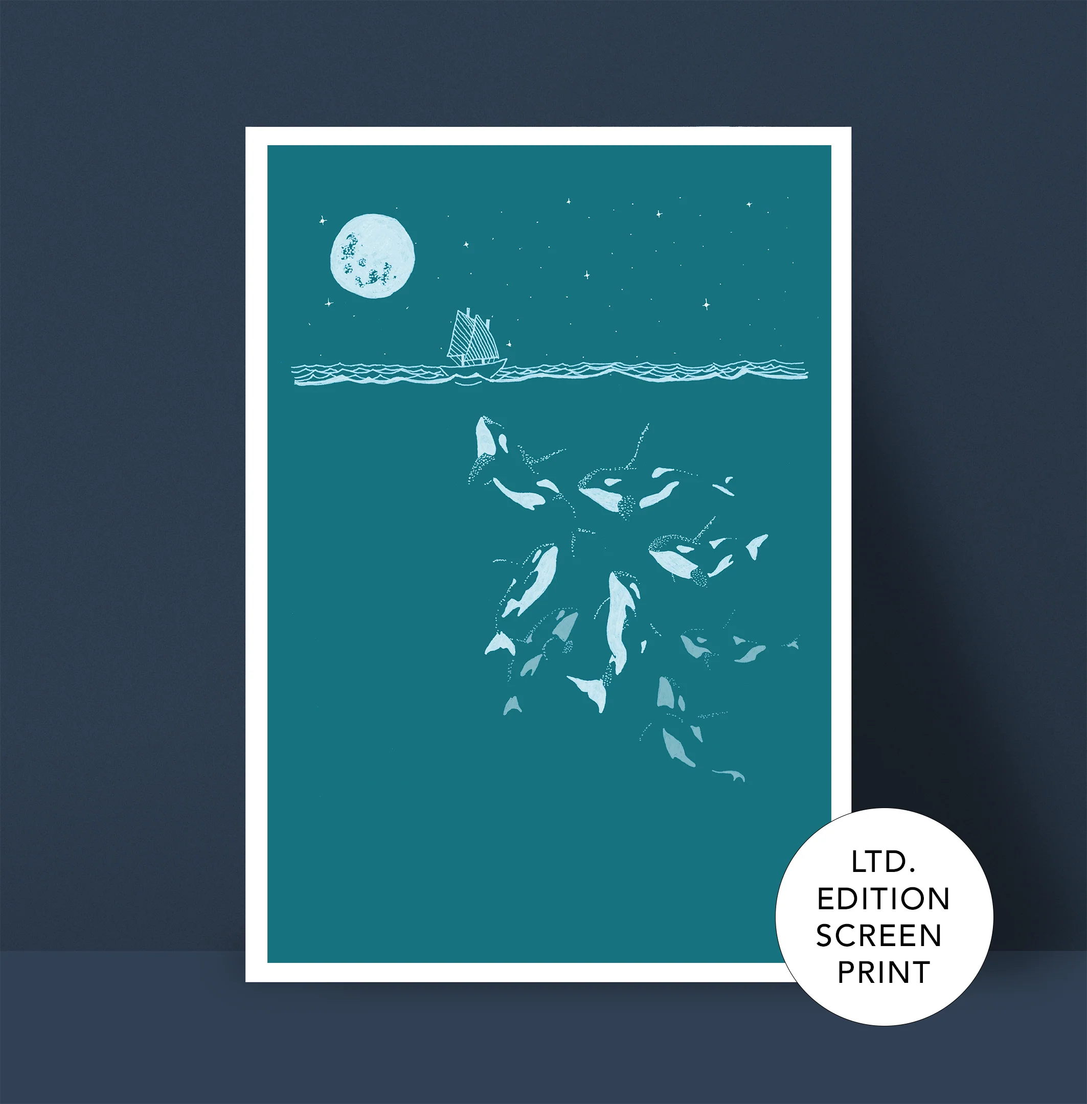 Midnight Orca - A3 Screen Printed limited edition (midnight blue / teal)