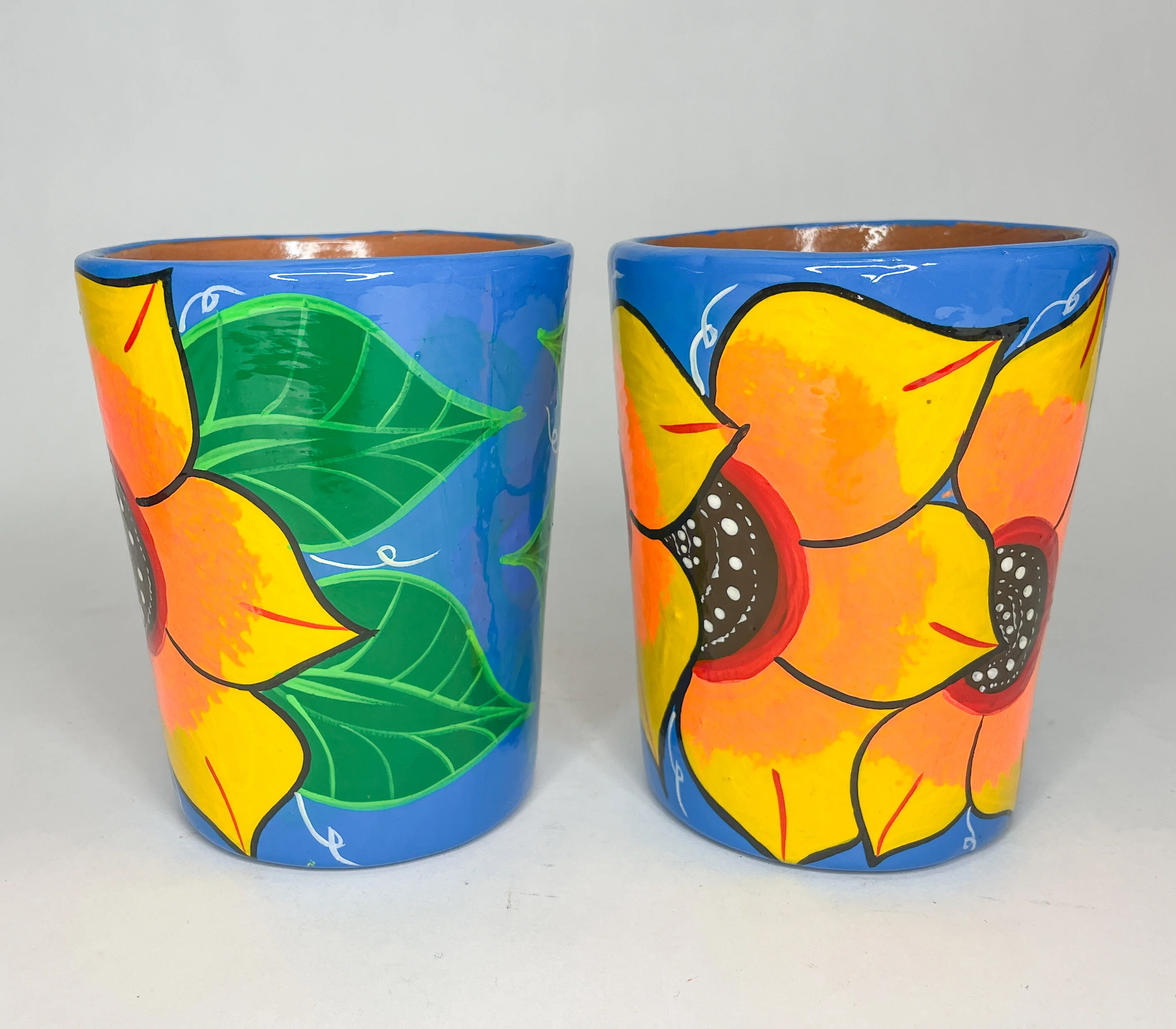 Guerrero Cups 2Pc Set Mexican Clay Tazas de Barro Cups Hand Painted Mexican Clay Mug Mexican Cups
