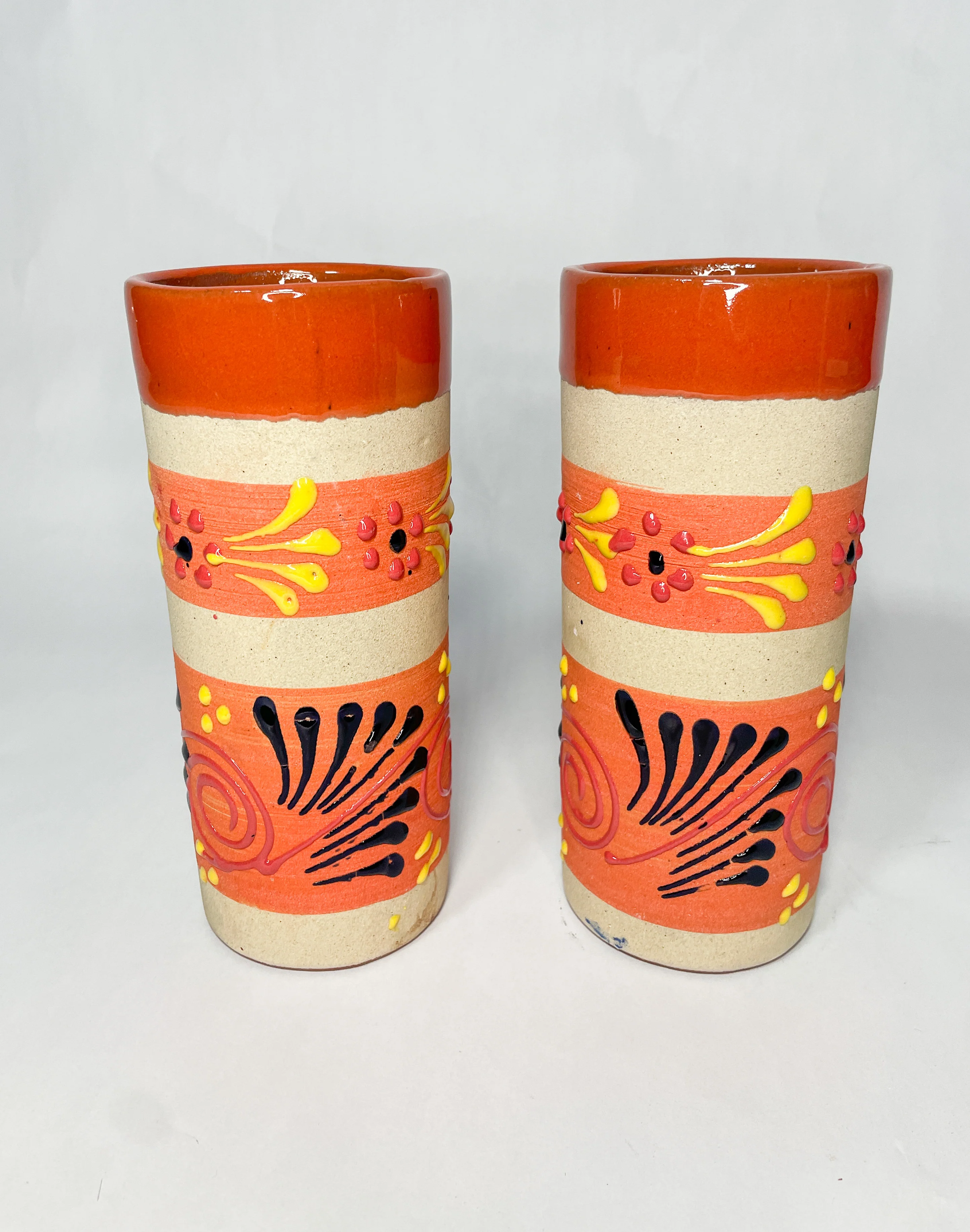 Jalisco Engobe Clay Cups Set of 2 Mexican Tumbler Vasos de Engobe Jaiboleros Vasos De Barro