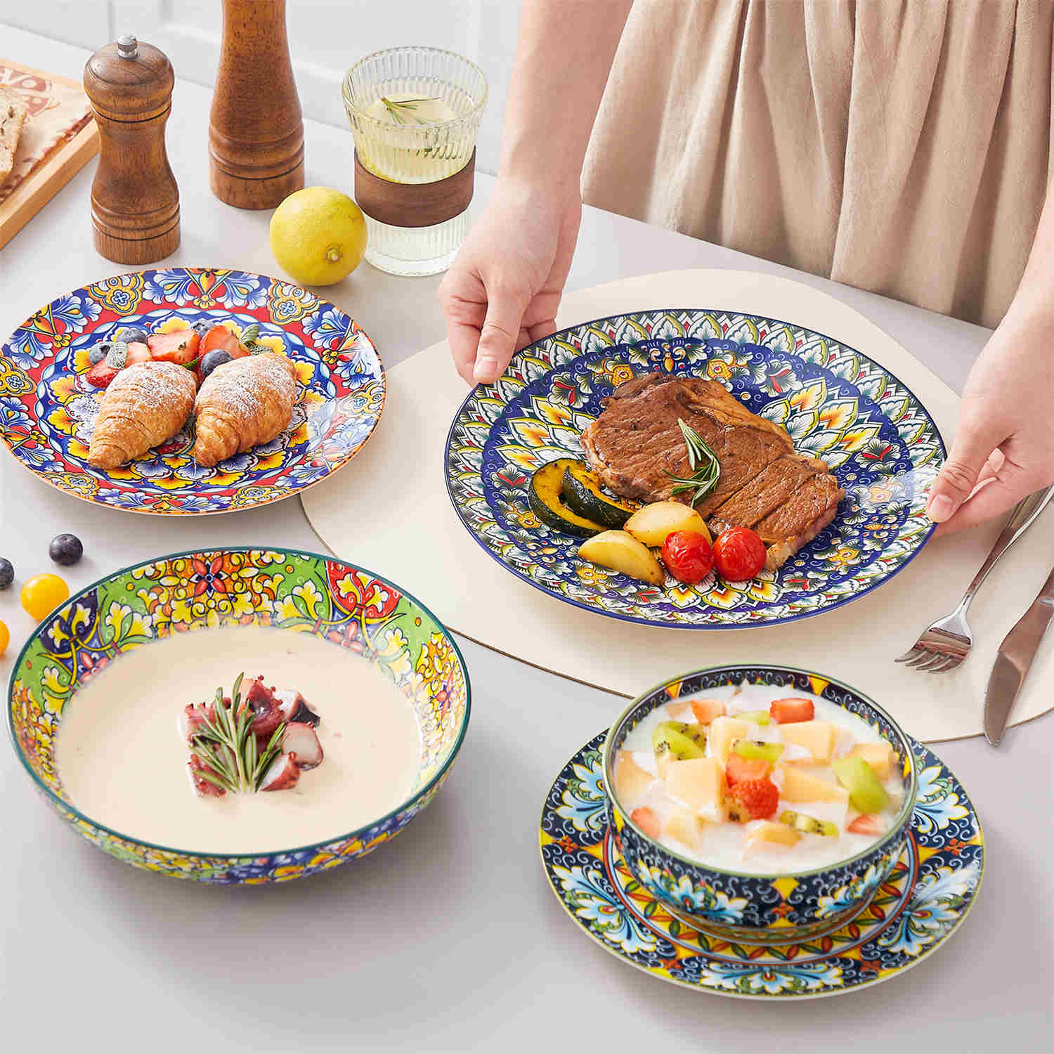 Simi 24 Piece Dinnerware Set with Double-Sided Bowls