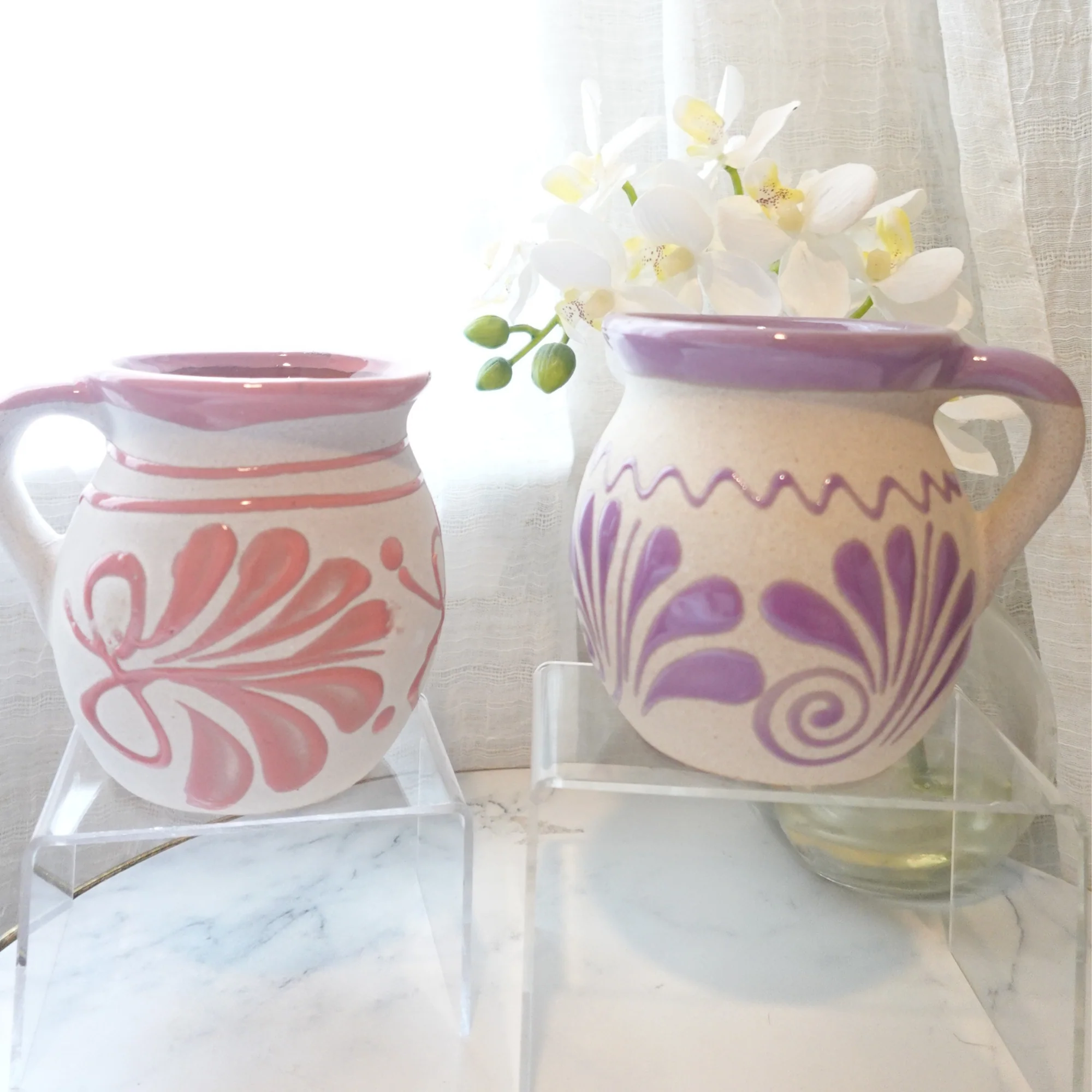 Pink and purple Mug set 2 or 4 Mexican coffee taza handmade clay, barro