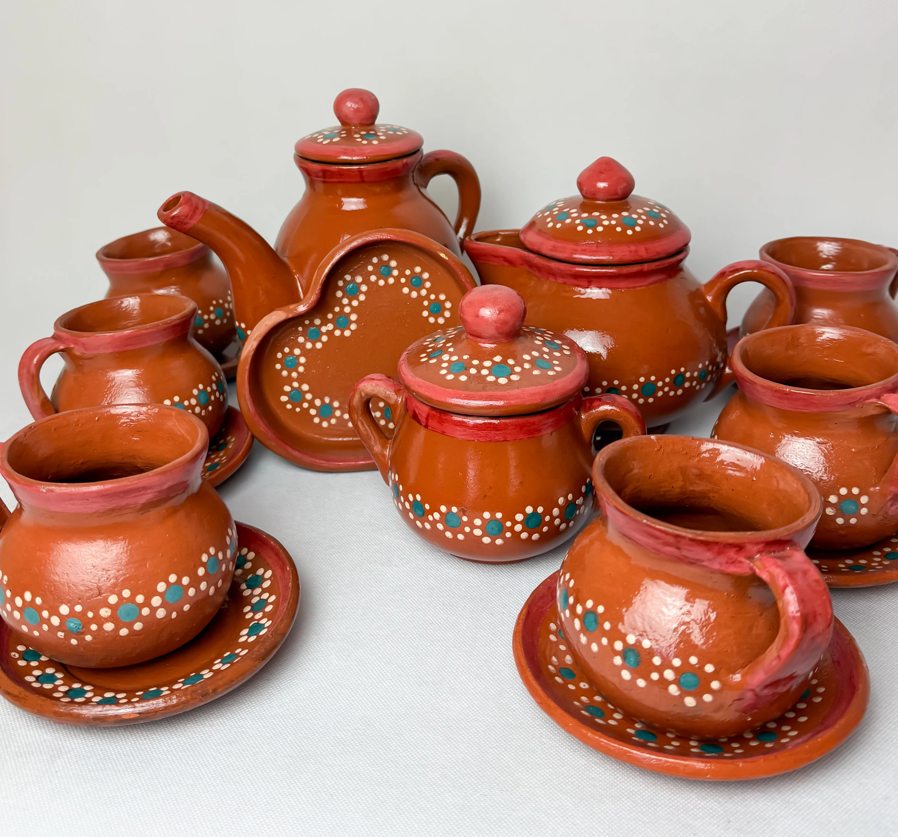 Michoacan Mexican Tea Pot Set 16pc Mexican Tea Set Mexican Pot Clay Tea Pot Juego de Te Capula