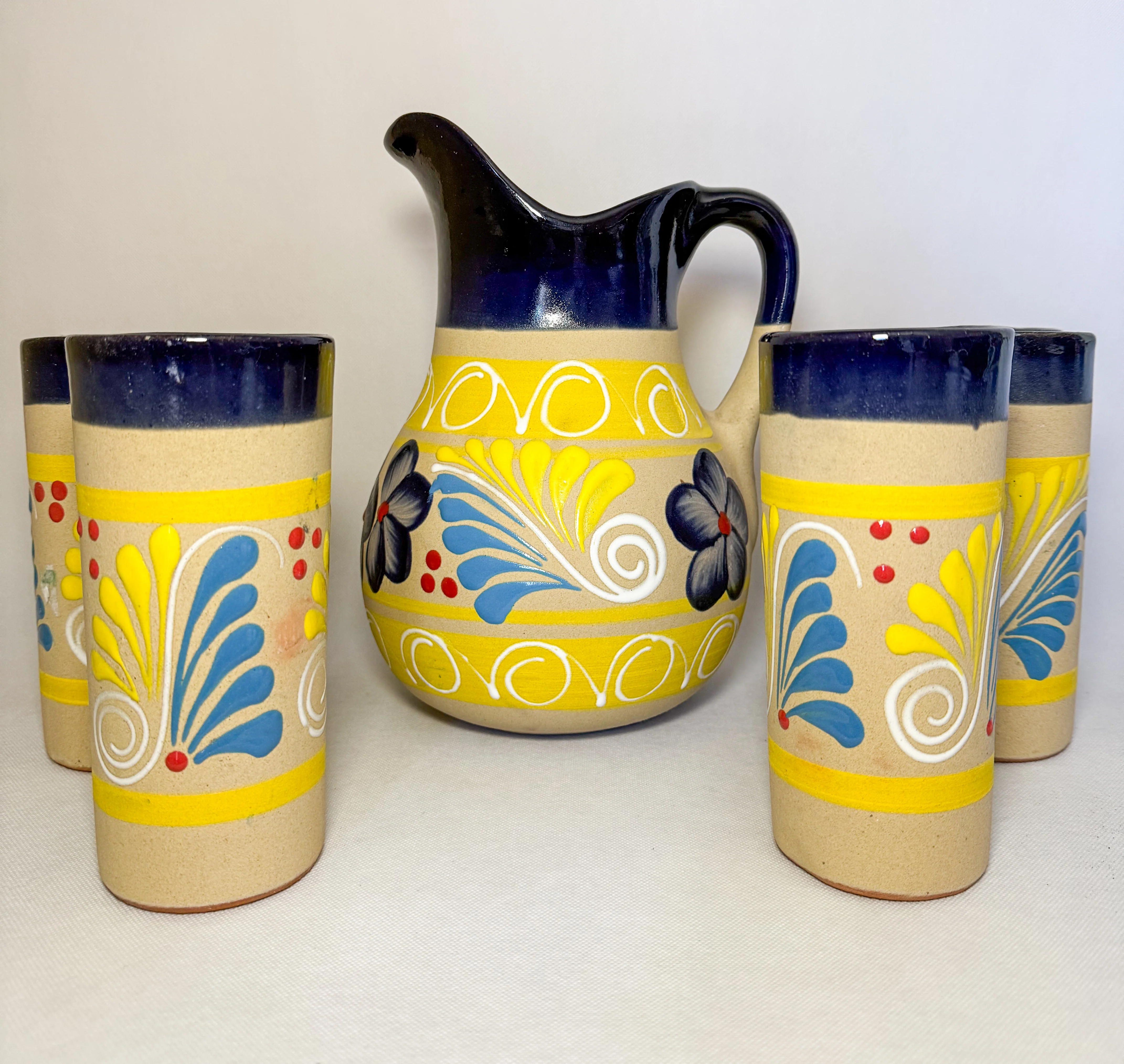 Clay Water Pitcher Set 7 Pc Mexican Clay Pitcher With Tumblers Jarra Con Vasos Black