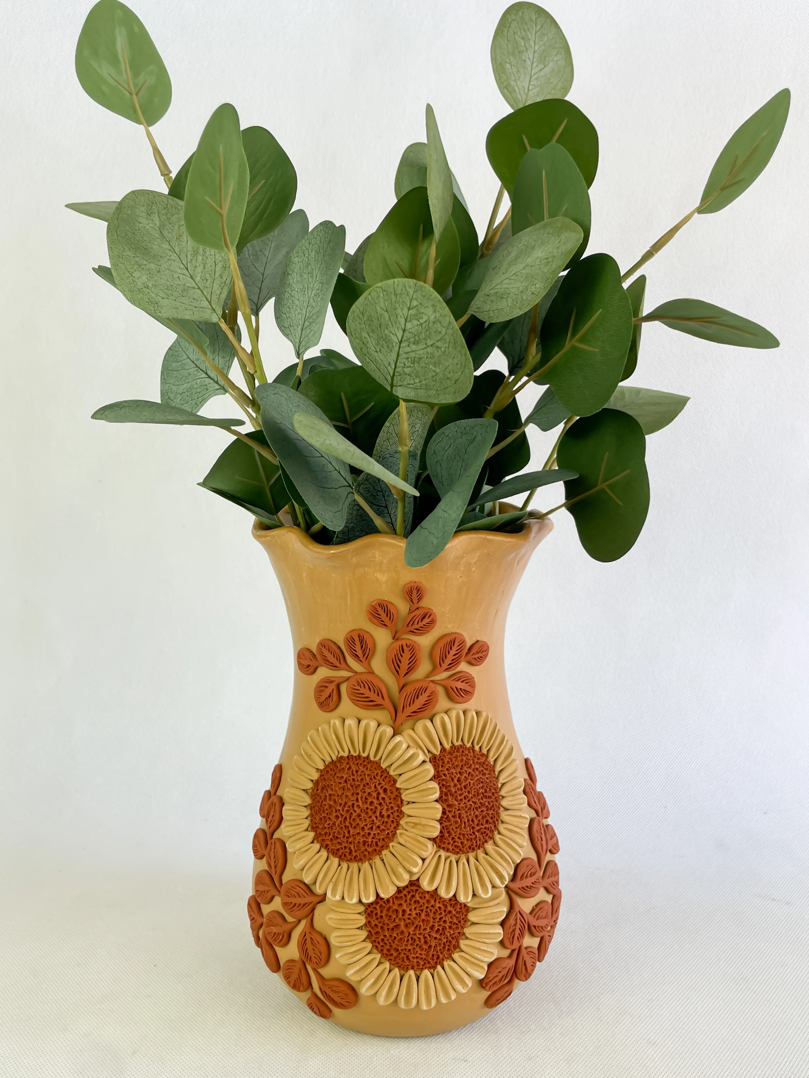 Velasco Oaxaca Pottery Vase Flower Vase Florero Barro Rojo Clay Filigrana Clay Embroidery
