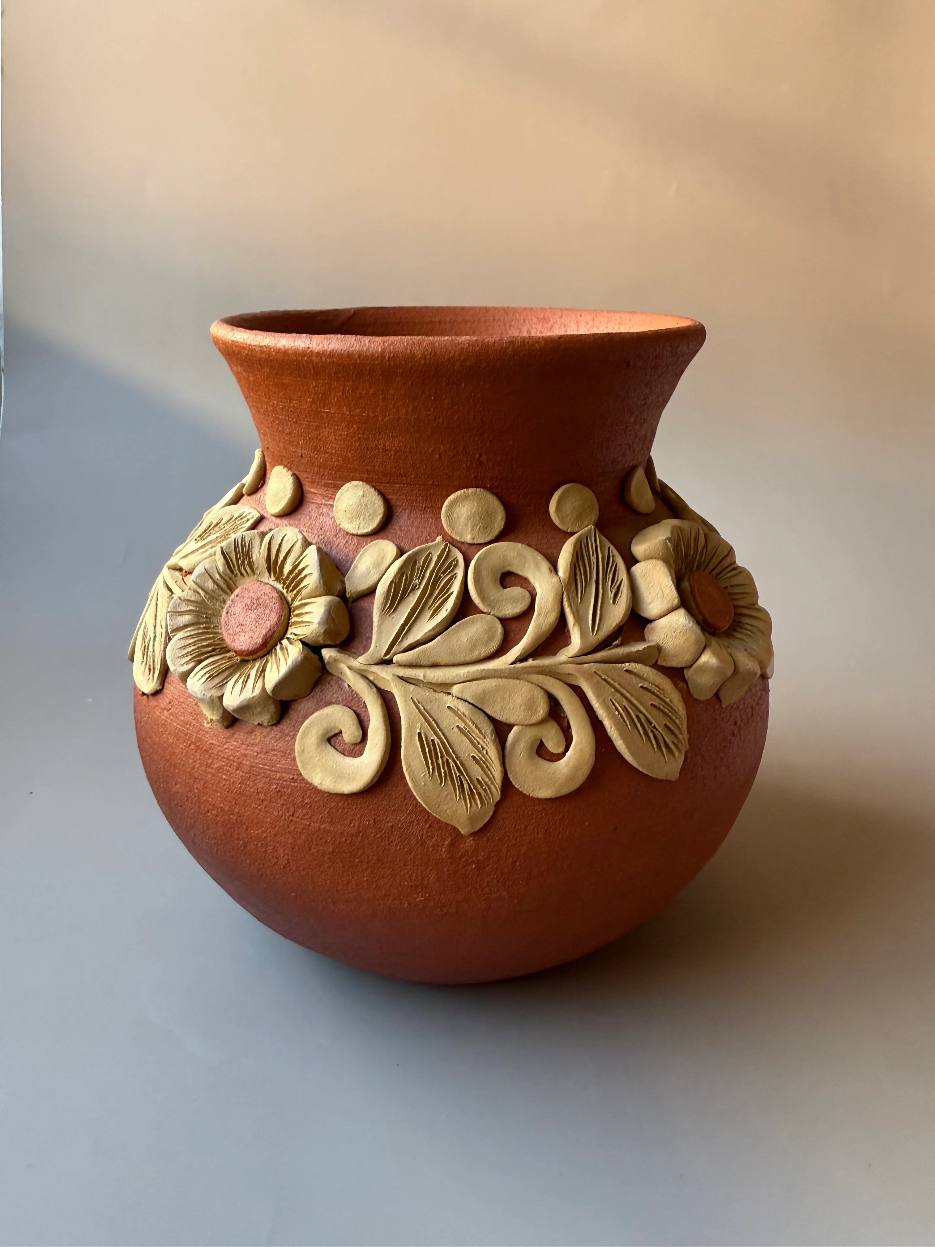 Colores Oaxaca Flower Vase Clay Embroidery 8 inches Jarron de Barro Bordado Florero De Barro