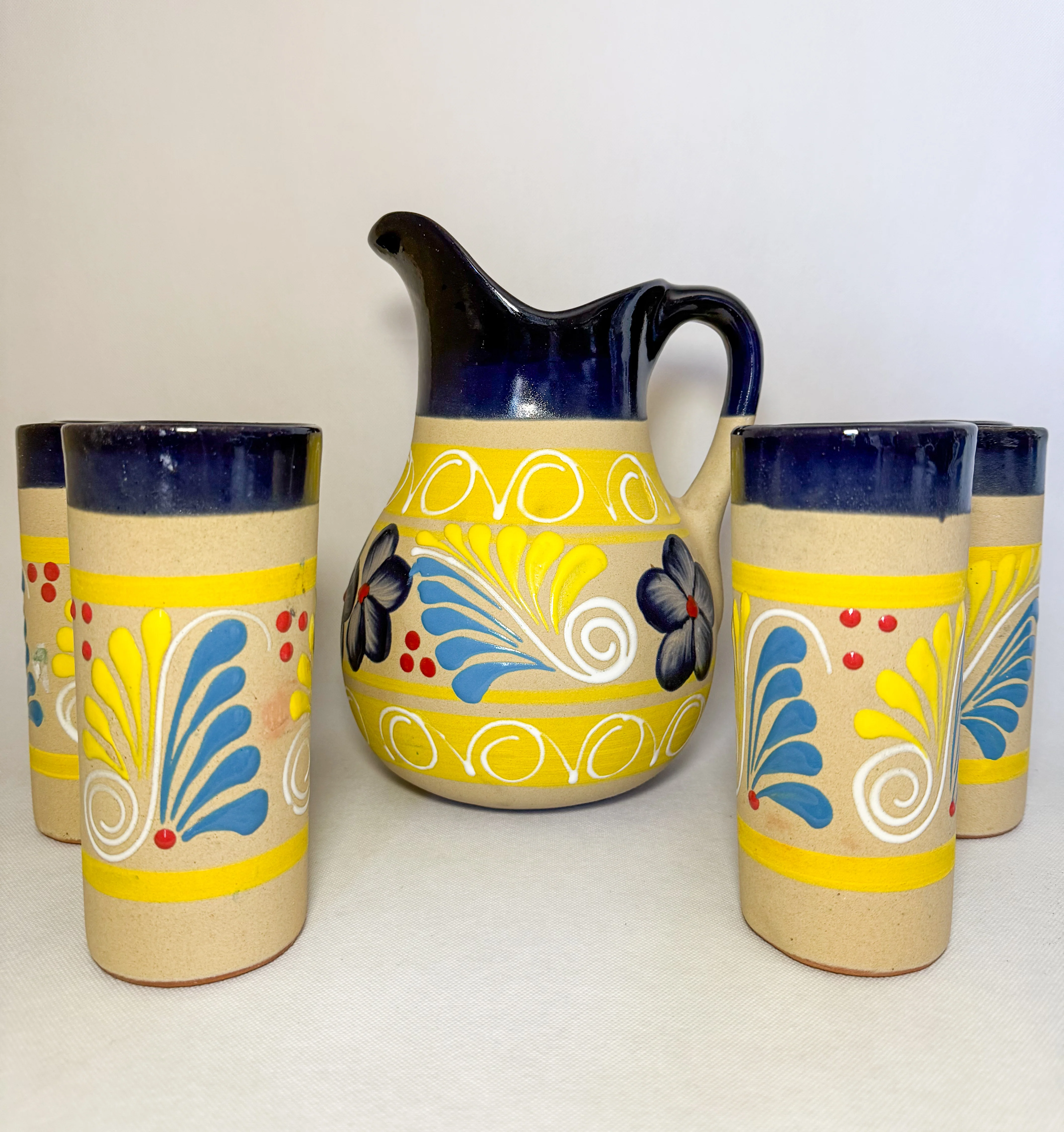 Clay Water Pitcher Set 7 Pc Mexican Clay Pitcher With Tumblers Jarra Con Vasos Black