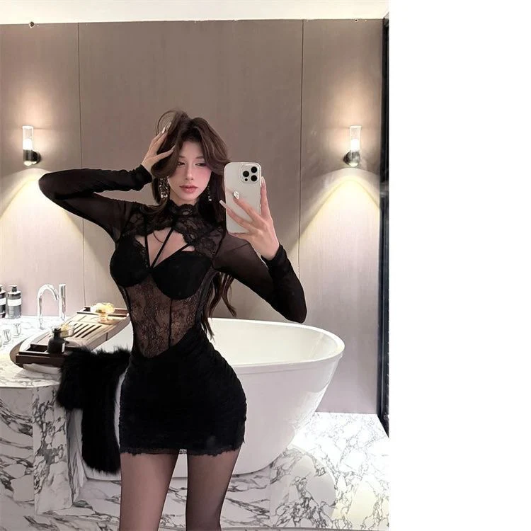 Black Allure Lace Backless Dres Set