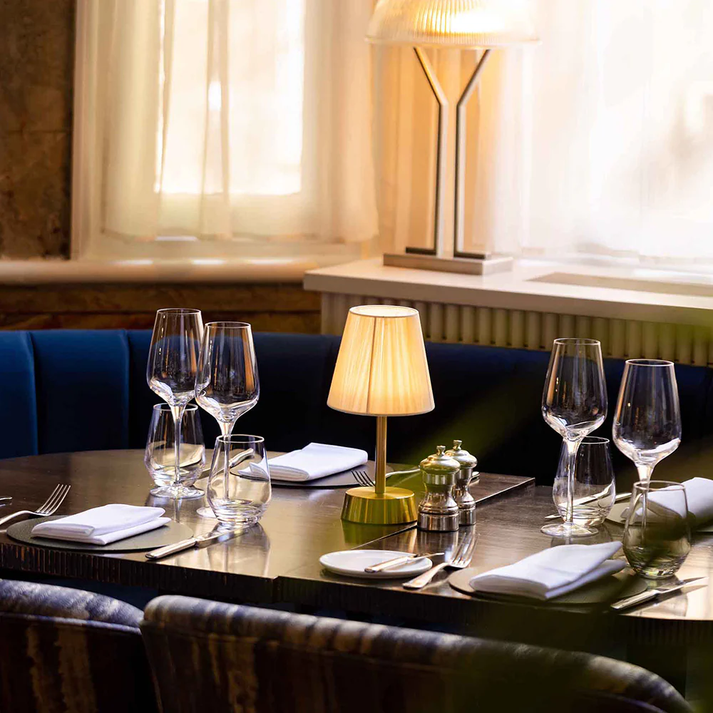 Sofia Fabric Rechargeable Cordless Table Lamp, Brass, Ivory Shade [C]