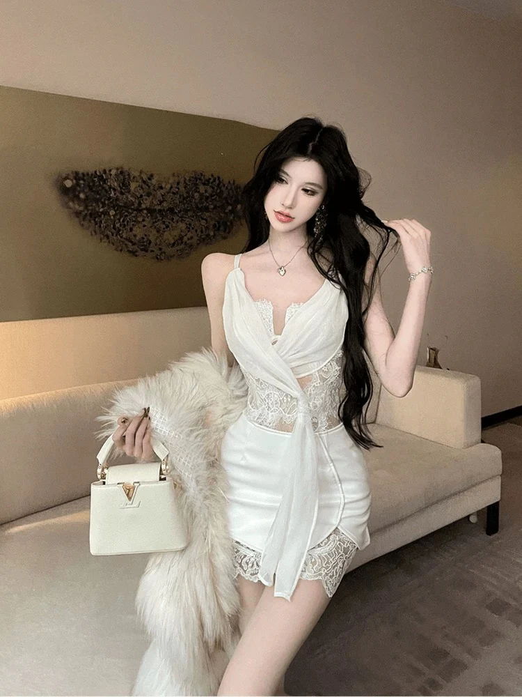 Lace Cami Deep V Leather Skirt Set