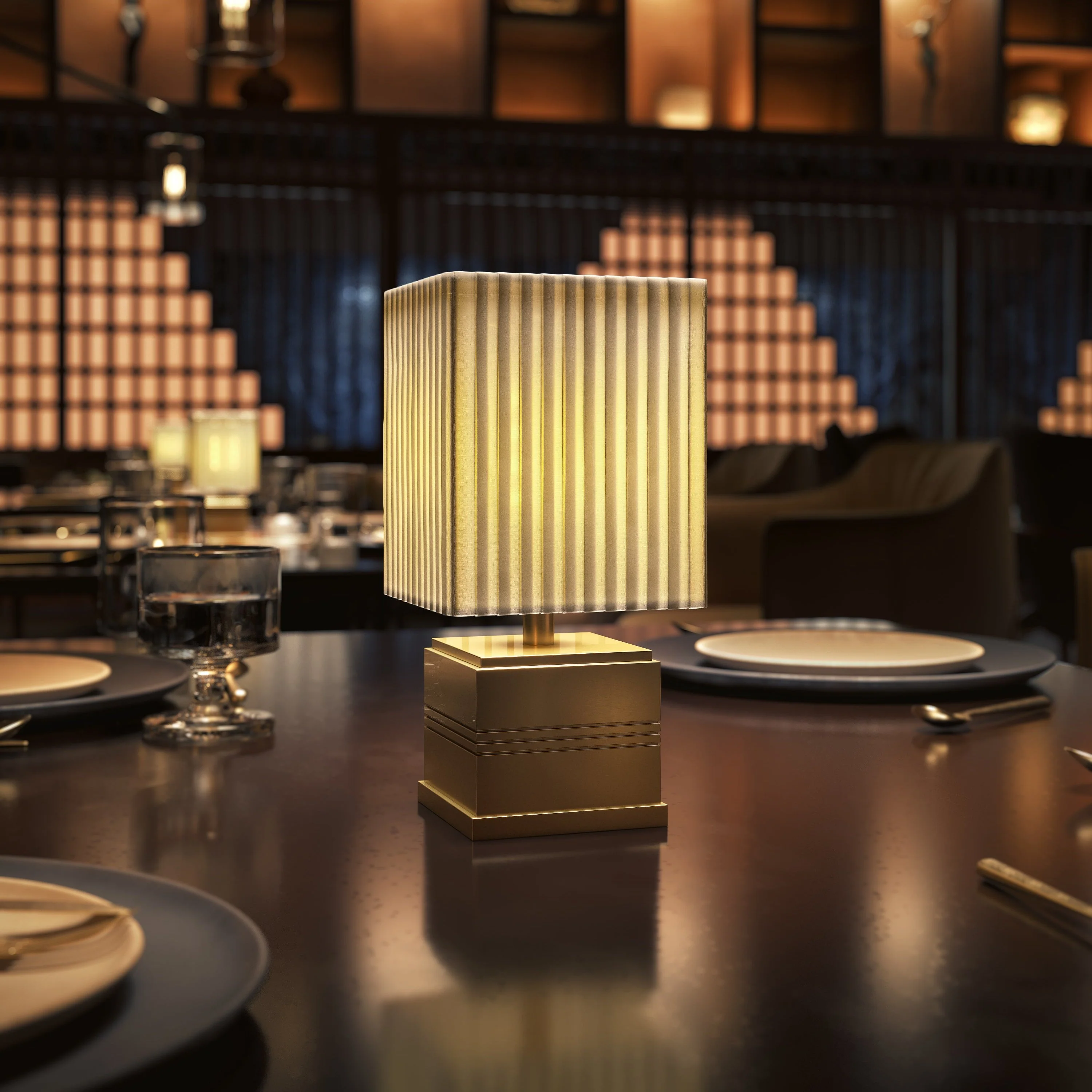 Regency Rechargeable Cordless Table Lamp, Brass, Ivory Pleated Shade [B]