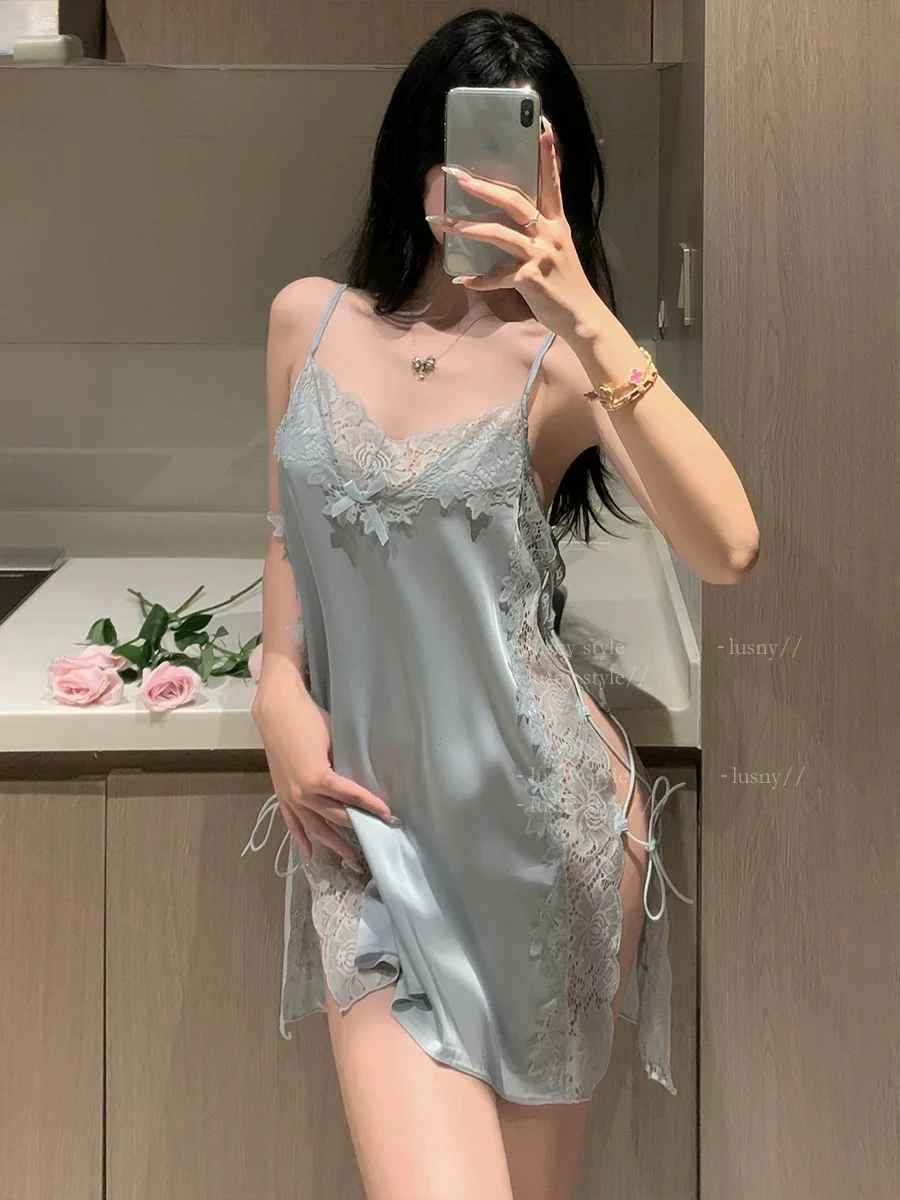 Bowknot Lace Trim High Slit Straps Silk Nightdress